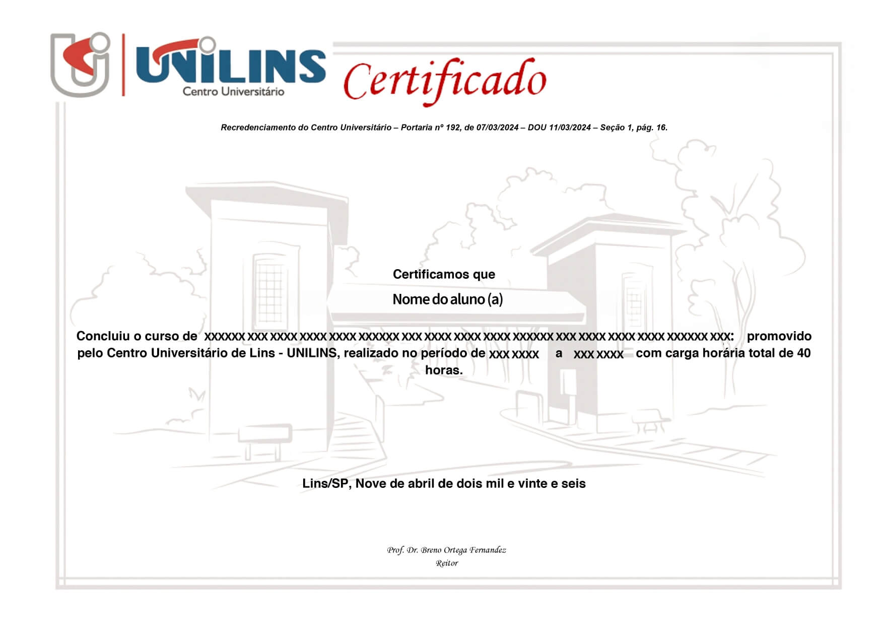 Modelo certificado curso de extensão EAD Unilins